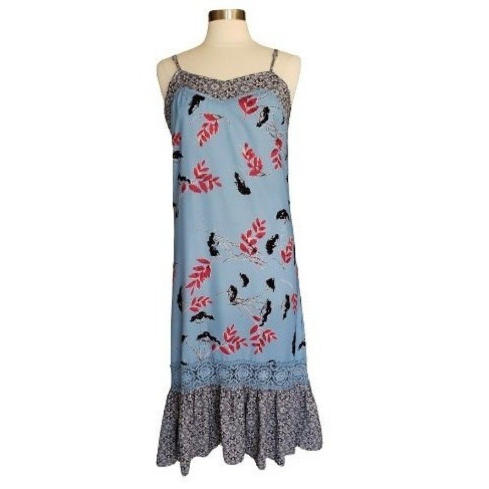 Women's Plus Dress 1X Blue Sleeveless Maxi Lace Back Drapped Ruffle Resort Beach